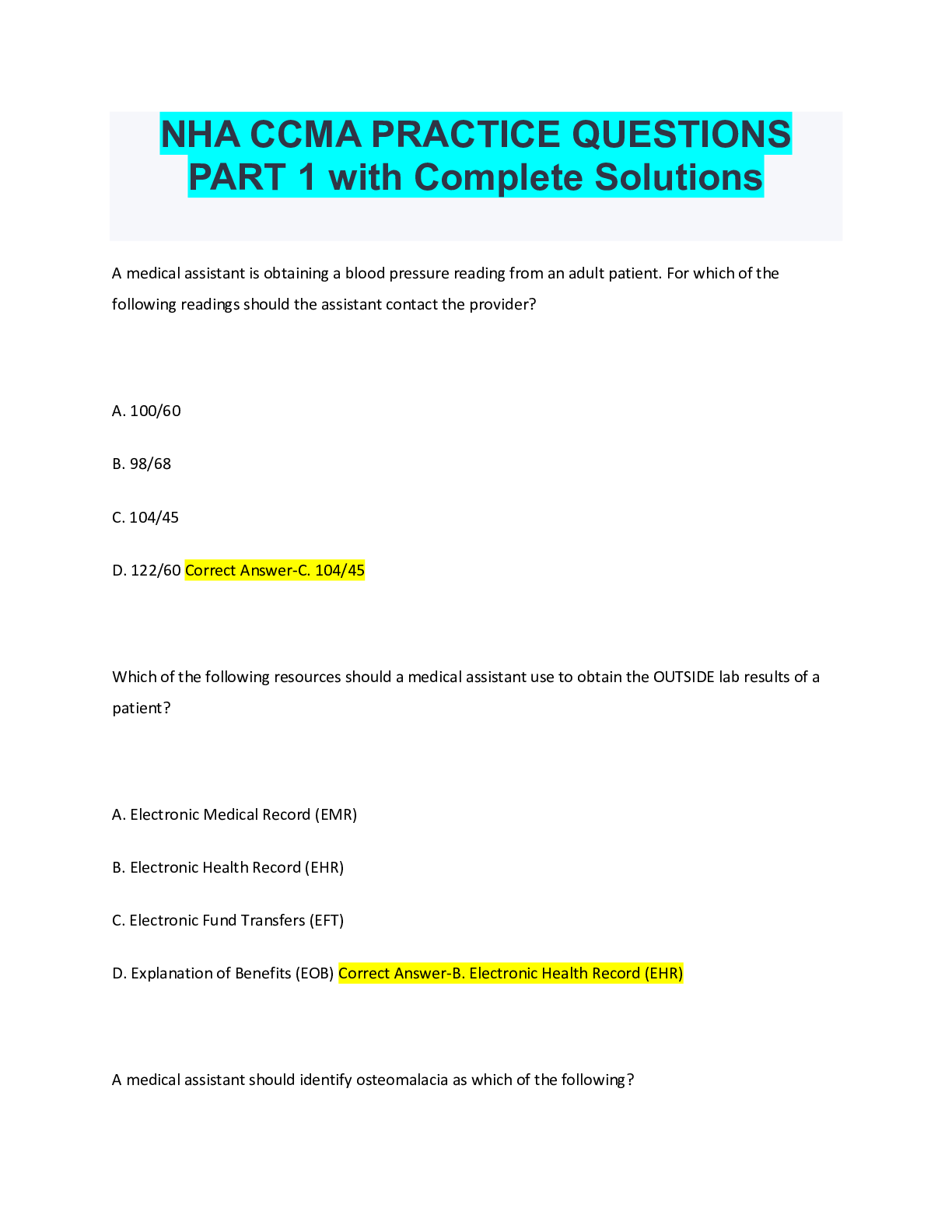 Preview of NHA CCMA PRACTICE QUESTIONS PART 1 with Complete Solutions
